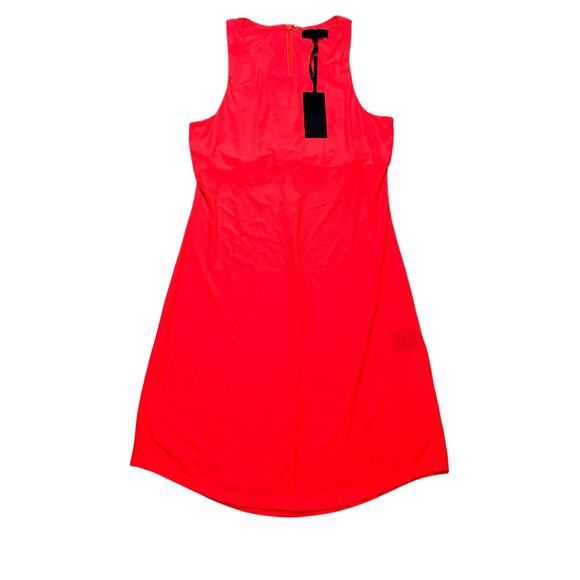 H:ours Neon Coral Ribbed Bodycon Mini Dress XS NWT Curve Hem Zip Back - Picture 2 of 6
